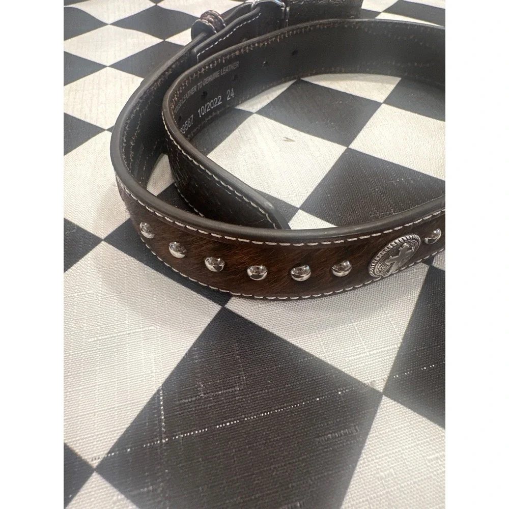 Cavenders Kids Western Belt Brown Leather Hair on Hide boys Buckle Size 24
